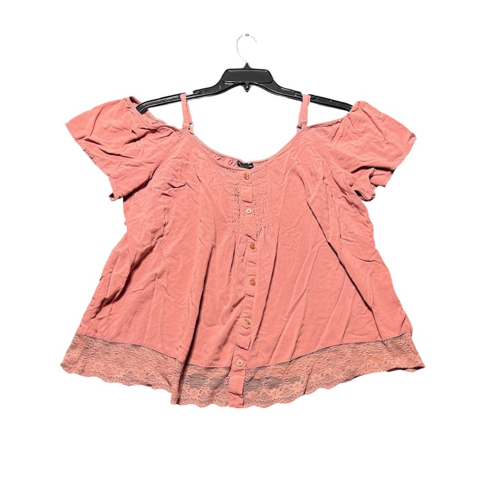 Torrid Cold Shoulder Blouse Women 1 Pink Lace Trim Pintuck Button Front 12784834